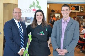 Andrew Fleet (at right, Executive Director, Growing Chefs! Ontario) at Covent Garden Market with Chef Katherine Puzara, the lead chef for Growing Chefs! school and community programming, and London Mayor Matt Brown. Photo credit Jason Ménard, Digital Echidn