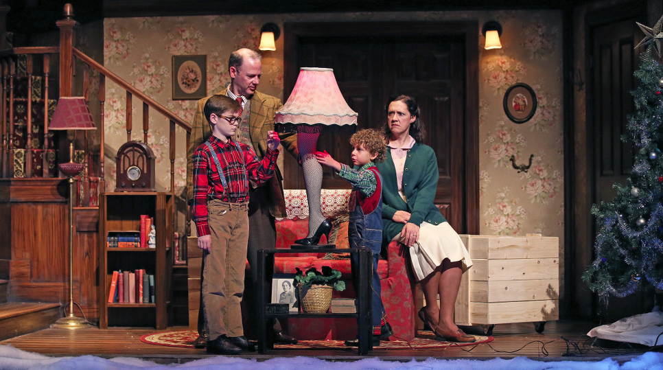 Matthew Olver, Callum Thompson, Isaak Bailey, and Sarah Machin Gale in The Grand Theatre’s production of A Christmas Story. Claus Andersen photo.