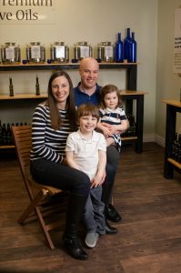 Proprietors of The Pristine Olive Tasting Bar, Clara and Jamie Griffiths, with son Reid and daughter Ally, in their north London store