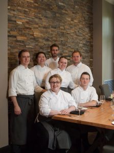The kitchen brigade at Restaurant Ninety One: BACK ROW: Sous Chef Joshua Blackmore, Hannah Mach, Kyle Newman, Pastry Chef Jordan Walsh, Dennis Davidson FRONT ROW: Executive Chef Angela Murphy, Sous Chef Kris Simmons